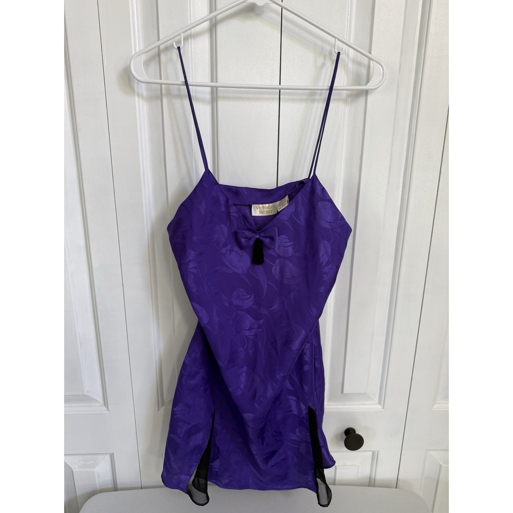 Vintage Victoria's Secret Gold Label Chemise Purple Black Tassel Bow size Small